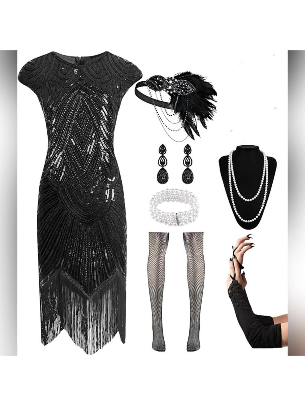 NWOT 1920s Sequin Fringe Beaded Flapper Roaring 20s Dress & Accessories, M